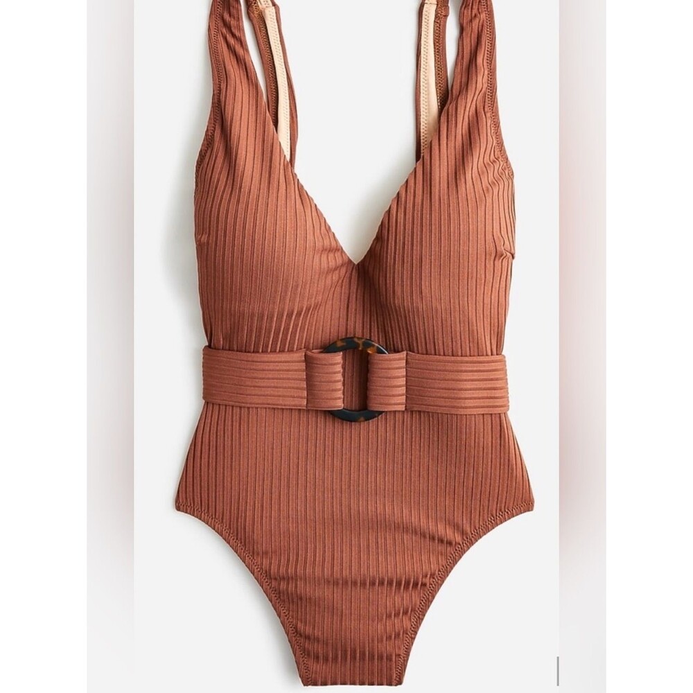 J.Crew NEW Wide Rib Belted One Piece Swimsuit Brown US 8 V Neck Beach Resortwear